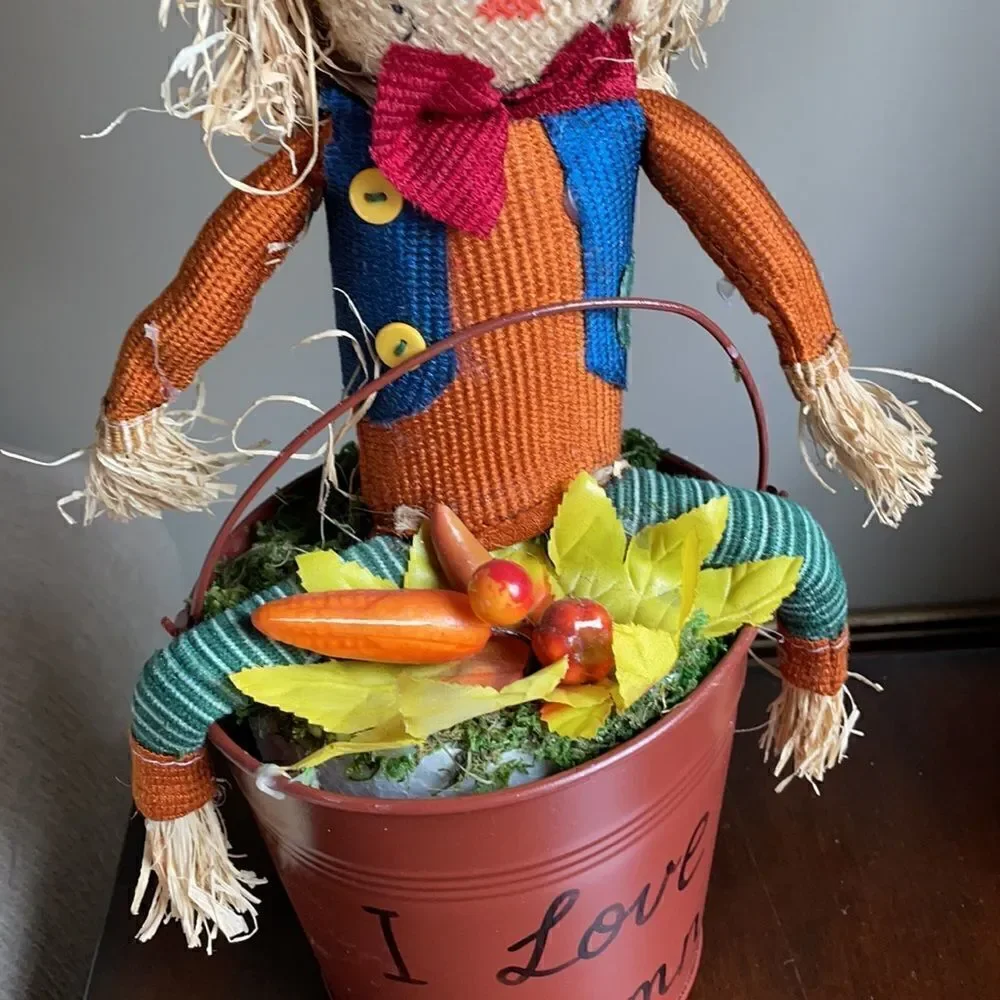 “I Love Autumn” Halloween Decor Scarecrow in a Bucket